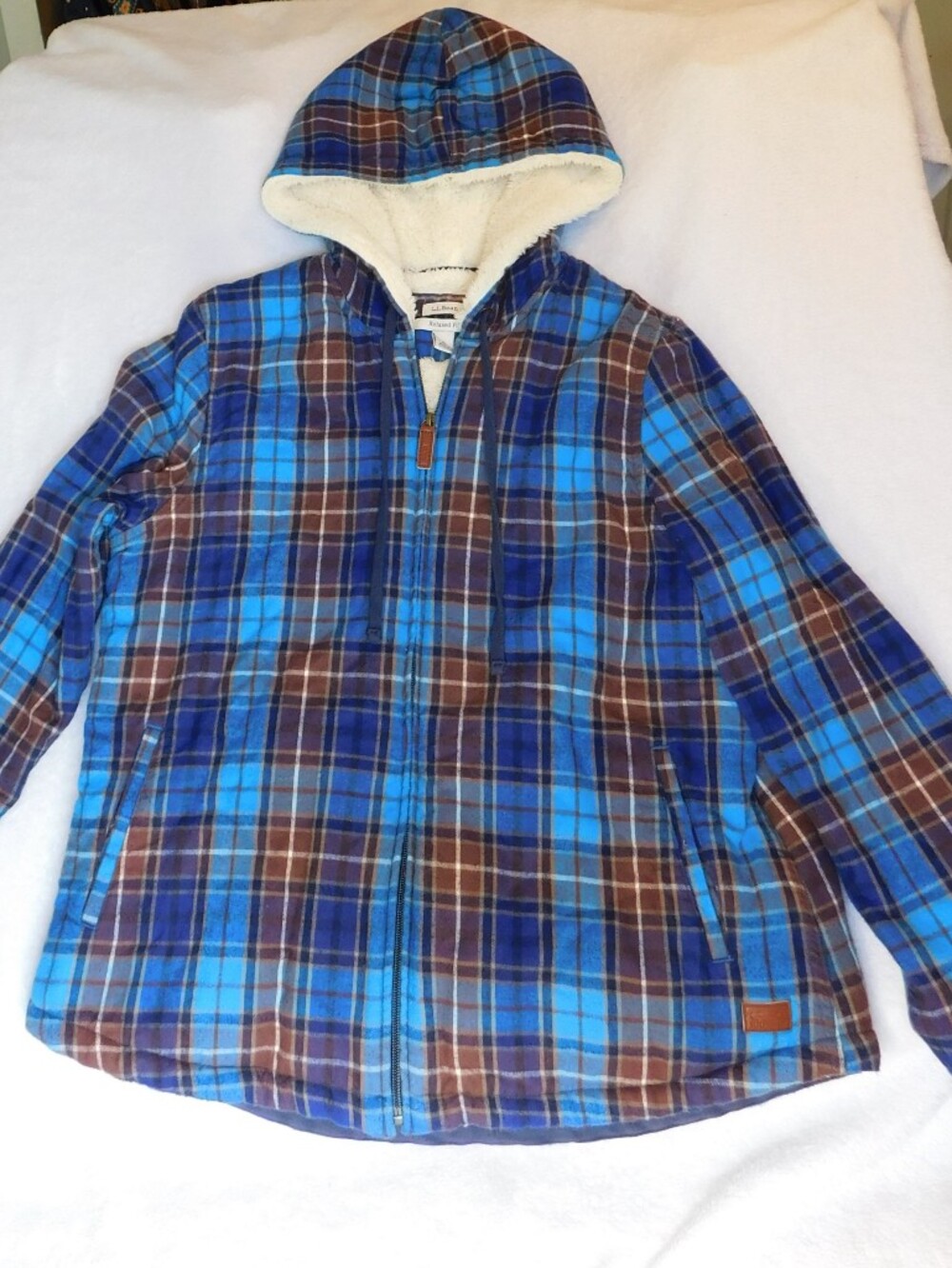 L.L. Bean Blue and Brown Plaid Hooded Puffer Jacket